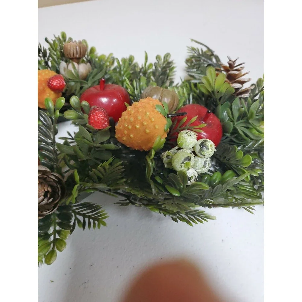 Vintage Plastic Christmas Candle Ring Apples Berries Pinecones Evergreen